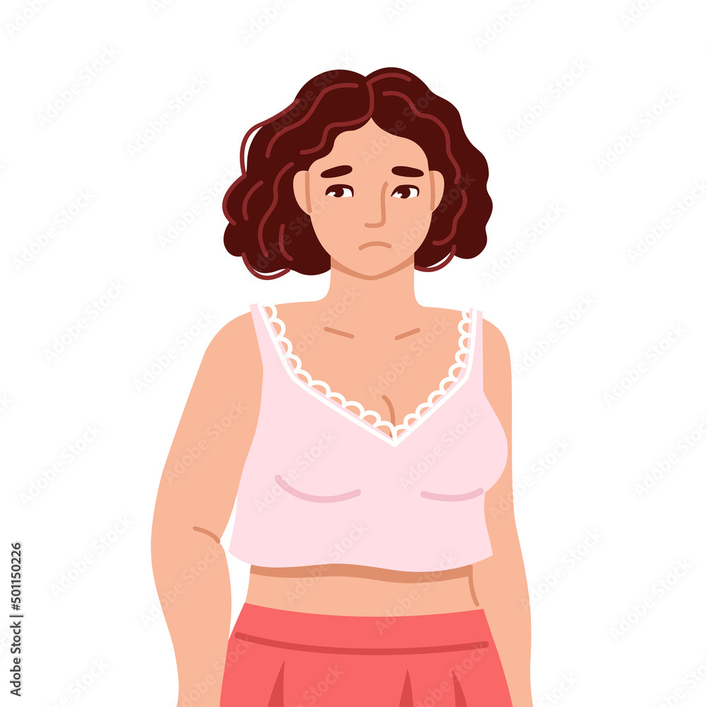 Sad woman wearing home clothes and pajamas. Hand drawn vector illustration. Cartoon character Sad woman wearing home clothes and pajamas. Hand drawn vector illustration. Cartoon character