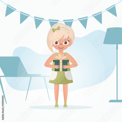 A little girl with a smile is depicted in full growth, standing in a room and holding a gift in her hands. Birthday. Flat style.