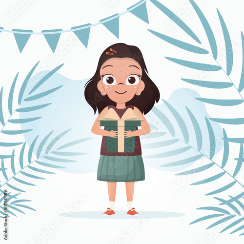 A little girl with a smile is depicted in full growth, standing in a room and holding a gift in her hands. Birthday. Cartoon style.