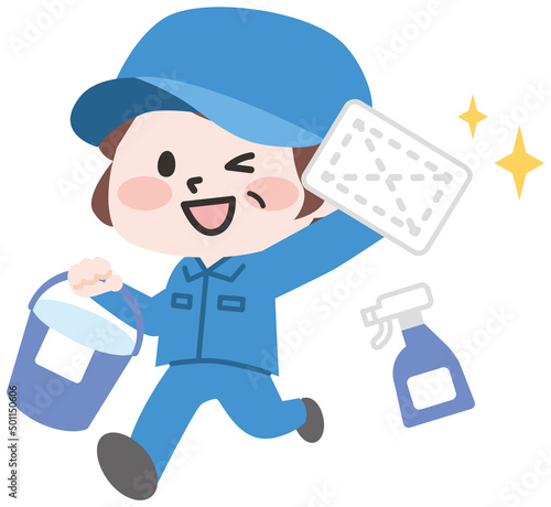 雑巾をもつ清掃作業員 