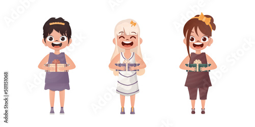 A set of little girls are holding a gift in their hands. Isolated on white background. Flat style.