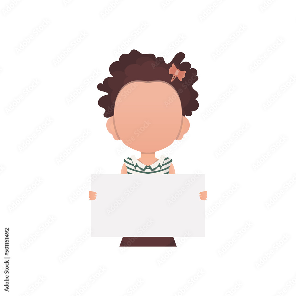 A small child girl holds a blank sheet of paper in her hands. Isolated. Flat style. A small child girl holds a blank sheet of paper in her hands. Isolated. Flat style.