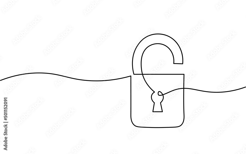 Cyber safety padlock one line art. Continuous line internet security lock information privacy network business concept vector illustration - obrazy, fototapety, plakaty 