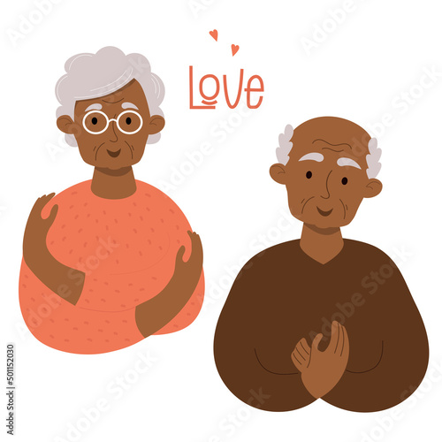 Loving couple of black elderly people. Cute ethnic senior lady and black bald old man. Concept Take care of yourself, love yourself. Vector illustration. Cute persioner character for conceptual design