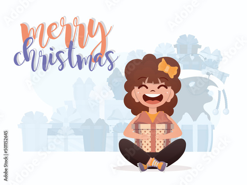 A little girl is holding a gift box. New Year concept. Cartoon style.