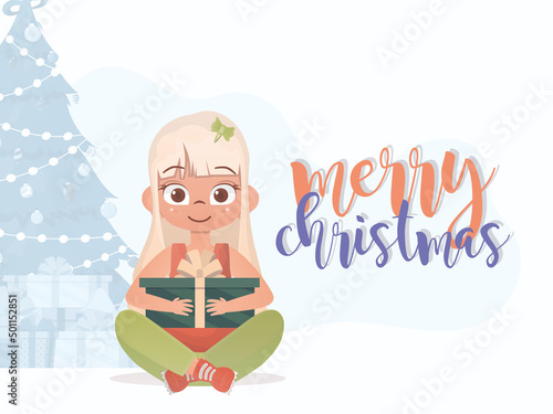 A little girl is holding a gift box. Merry christmas postcard. Cartoon style.