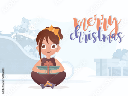 A little girl is holding a gift box. Merry christmas postcard. Flat style.
