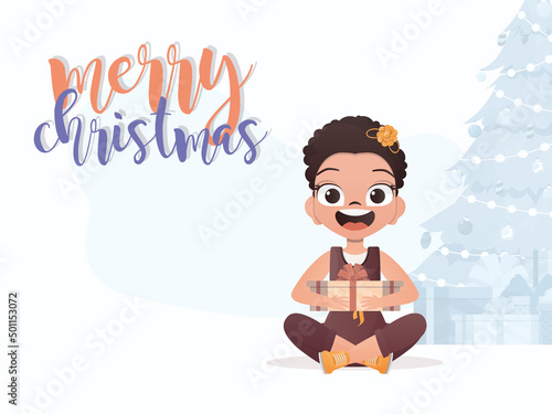 A little girl is holding a gift box in her hands. Merry christmas postcard. Cartoon style.