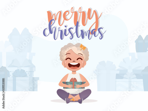 A little girl is holding a gift box in her hands. New Year concept. Flat style.