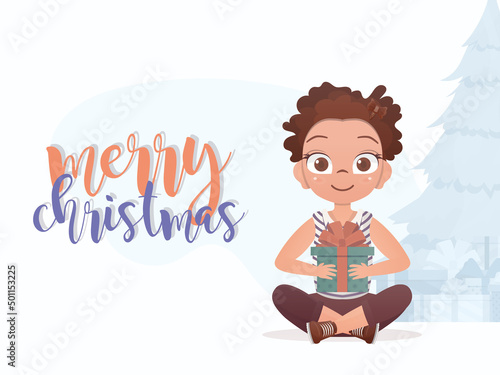 A little girl is holding a gift in her hands. Merry christmas banner. Cartoon style.