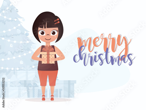 A little girl is holding a gift in her hands. Merry christmas postcard. Cartoon style.