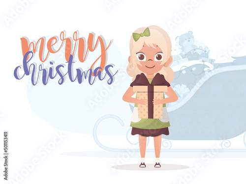 A little girl is holding a gift in her hands. New Year card. Cartoon style.