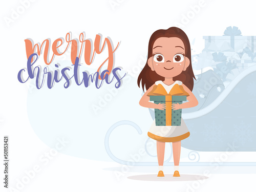 A little girl is holding a gift in her hands. New Year's poster. Flat style.