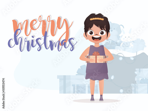 A little girl is holding a gift in her hands. New Year banner. Cartoon style.