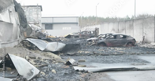 Kyiv region, Bucha, Gostomel, Ukraine, february-april 2022. Ukrainian cities after russian occupation, ukrainian cities after shelling. Ukrainian war with Russia. 