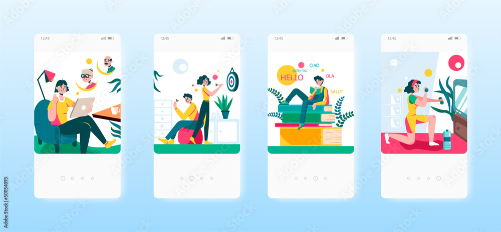 Home leisure. Video call chat, fitness, games, learning languages. Mobile app screens, vector website banner template. Home leisure. Video call chat, fitness, games, learning languages. Mobile app screens, vector website banner template.