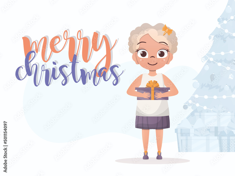 A cute little girl is holding a gift box in her hands. New Year card. Cartoon style. A cute little girl is holding a gift box in her hands. New Year card. Cartoon style.