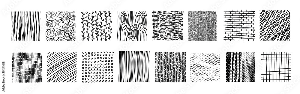 Set of Abstract Vector Textures. Backgrounds with dots, lines, waves, curves, circles and stripes in Doodle style. Geometric elements