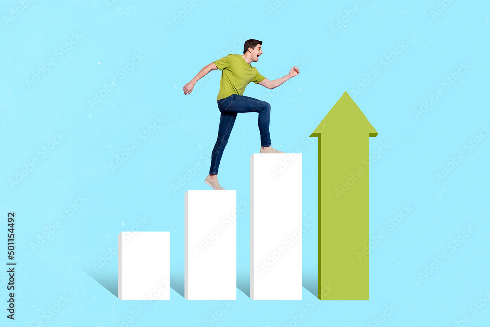 Creative photo artwork collage guy rising success white green graphics ladder isolated blue color background Creative photo artwork collage guy rising success white green graphics ladder isolated blue color background