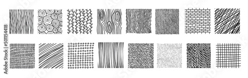 Set of Abstract Vector Textures. Backgrounds with dots, lines, waves, curves, circles and stripes in Doodle style. Geometric elements