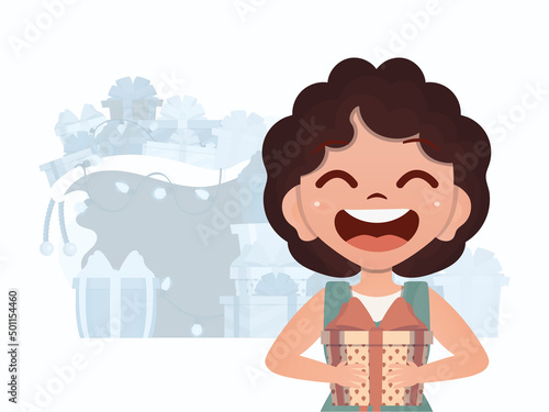 A little girl is holding a gift box. New Year card. Flat style.