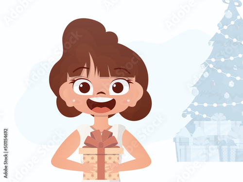 A little girl is holding a gift box in her hands. New Year card. Cartoon style.