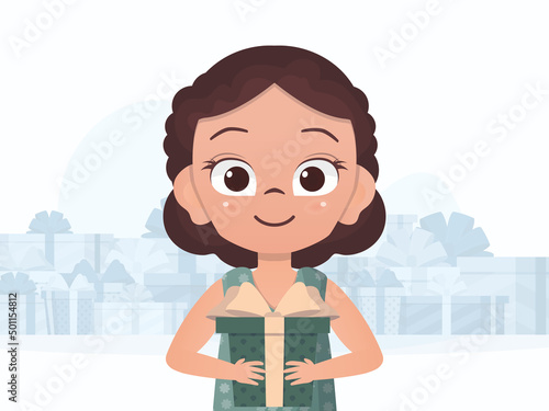 A little girl is holding a gift box in her hands. New Year's poster. Cartoon style.