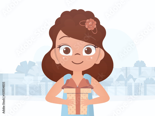 A little girl is holding a gift box in her hands. New Year banner. Flat style.