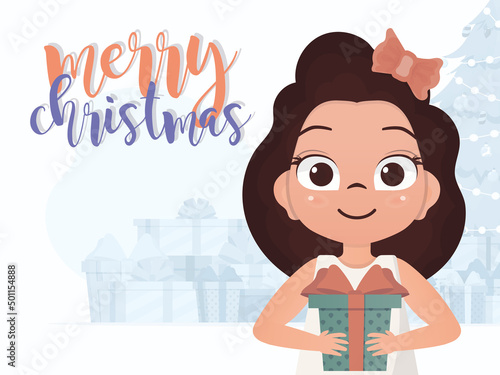 A little girl is holding a gift box in her hands. New Year banner. Cartoon style.