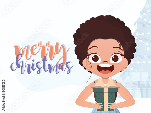 A little girl is holding a gift in her hands. New Year's poster. Cartoon style.