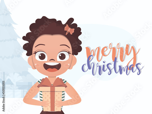 A little girl is holding a gift in her hands. New Year banner. Cartoon style.
