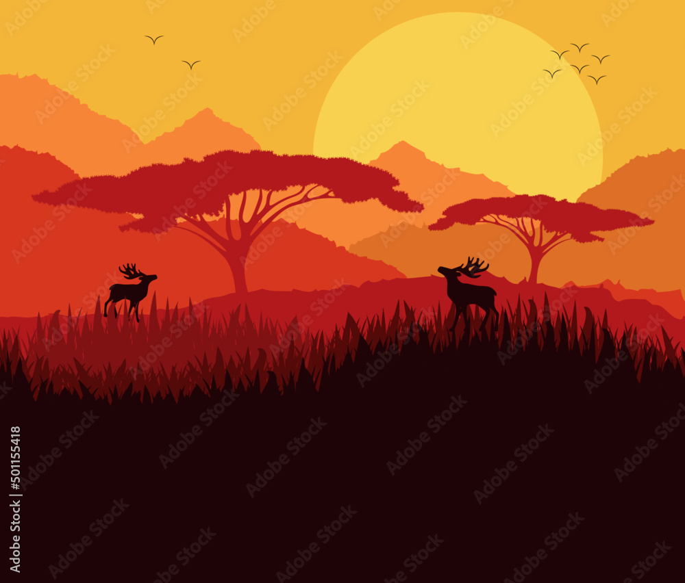 Out Door Landscape With Sunset Birds And Deers