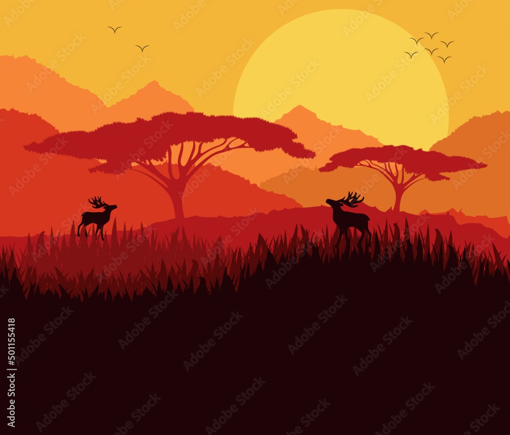 Out Door Landscape With Sunset Birds And Deers Out Door Landscape With Sunset Birds And Deers