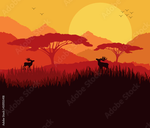Out Door Landscape With Sunset Birds And Deers