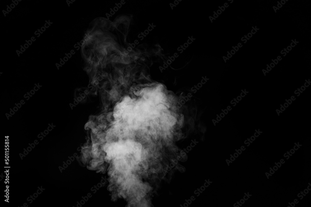 Curly white steam rising up and splashing water scattering in different directions isolated on a black background. Can be used as background, design element Curly white steam rising up and splashing water scattering in different directions isolated on a black background. Can be used as background, design element