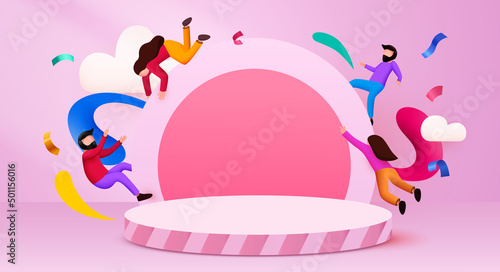 Abstract scene background with flying people. Product presentation, mock up, show cosmetic product, Podium, stage pedestal or platform.