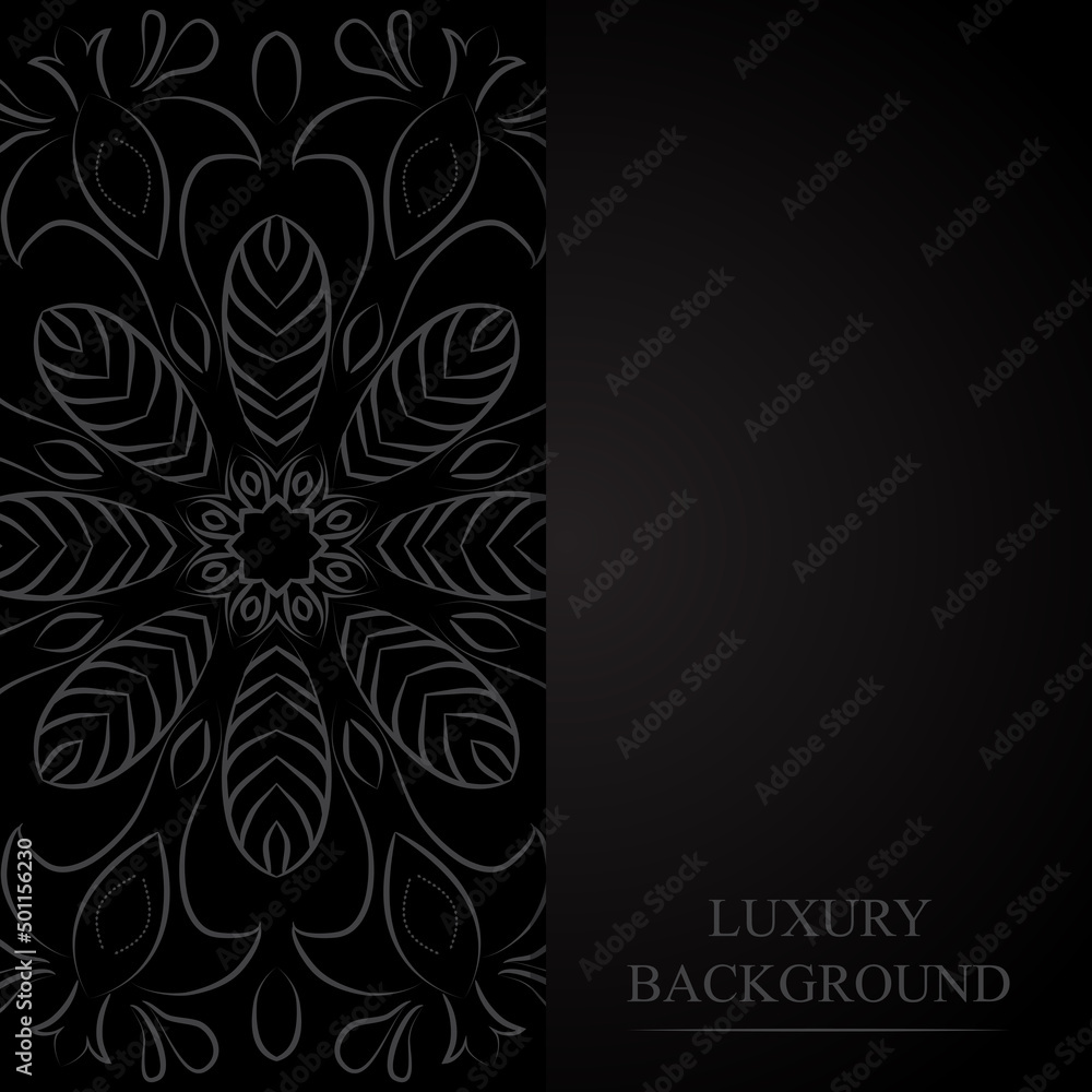 Luxurious decorative mandala design in dark gray on a black background. Banner with place for text