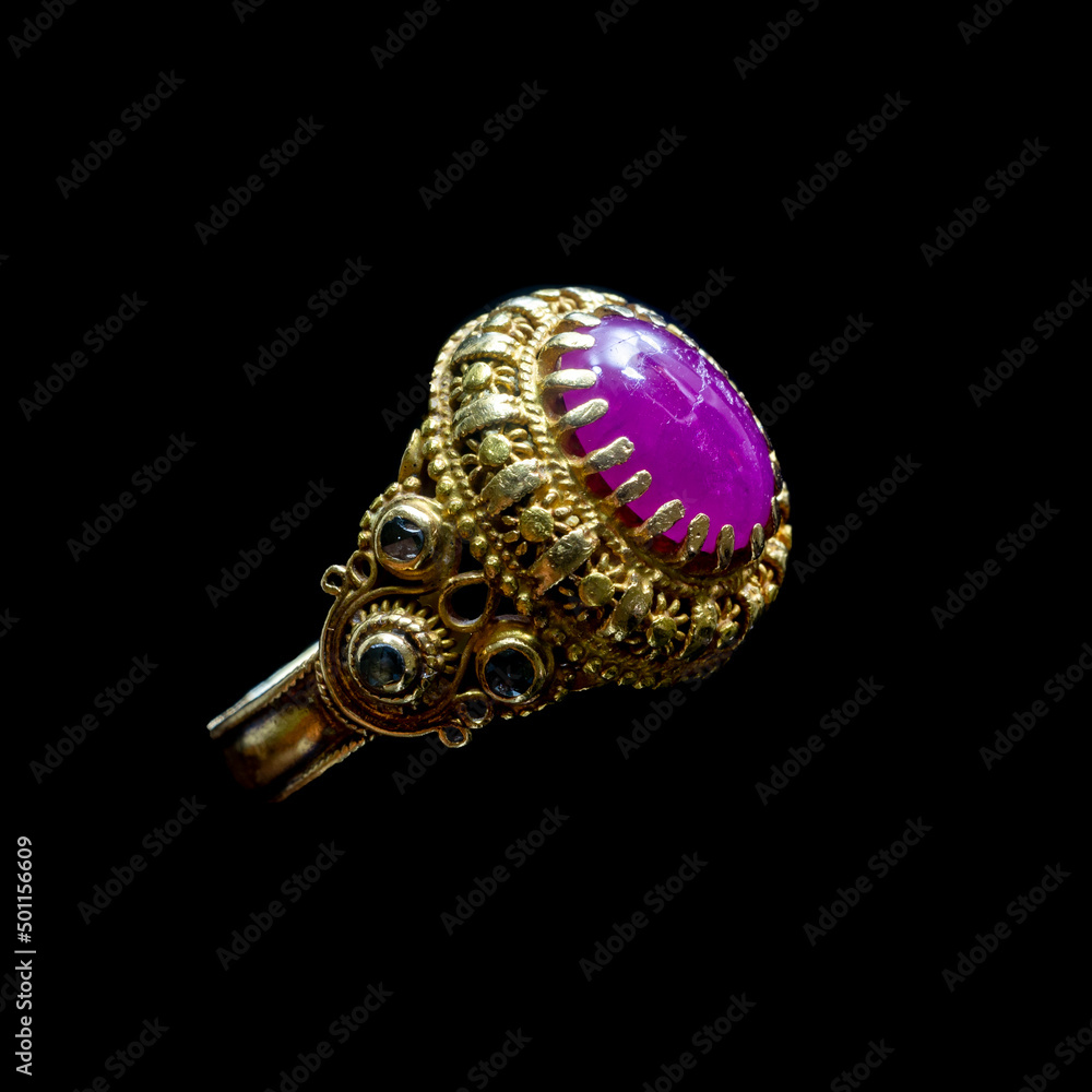 Fototapeta premium Pink ruby on gold ring, Vintage ring, Goldsmith of Thailand.