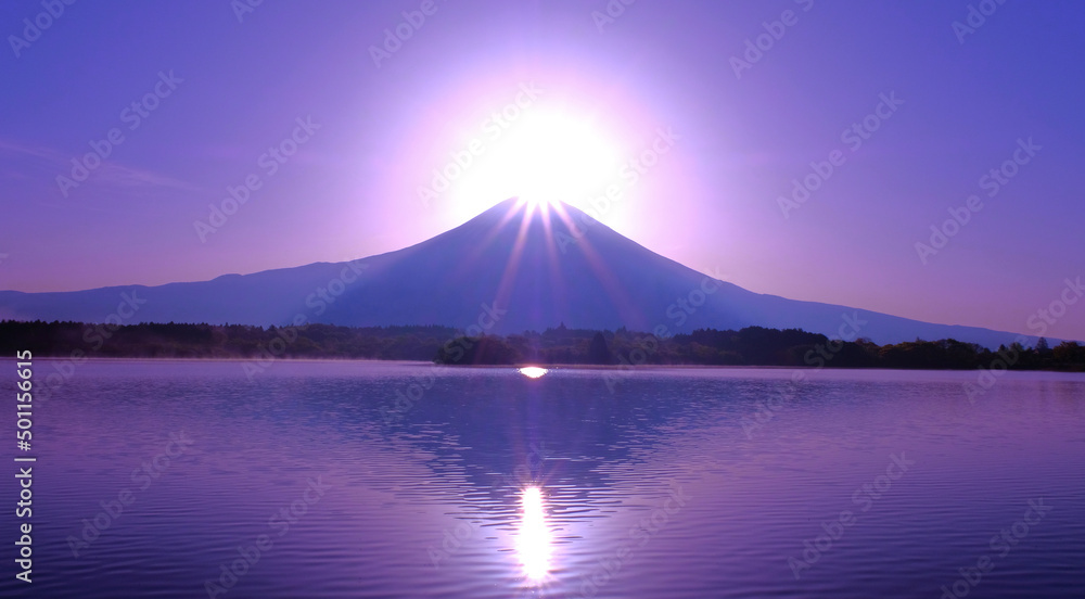 Diamond Mount Fuji from Lake Tanuki in Fujinomiya City 04/25/2022 wide panorama