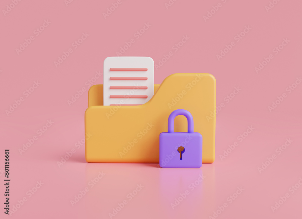 Data security concept.Folder icon with lock and paper document isolated on pink background.Modern private folder,safe confidential information,data storage,computer folder.3D rendering illustration Data security concept.Folder icon with lock and paper document isolated on pink background.Modern private folder,safe confidential information,data storage,computer folder.3D rendering illustration
