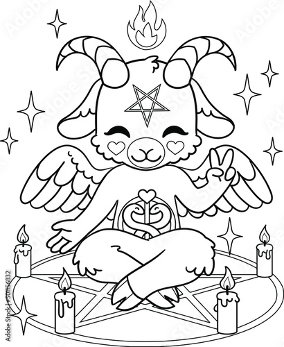 Adorable satanic goat in pentagram. Vector outline for coloring