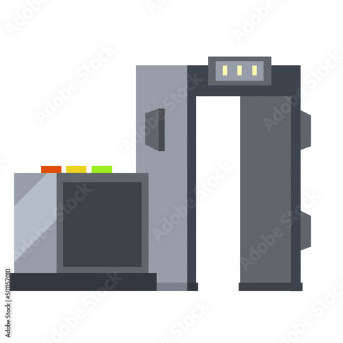 Metal detector. Safety frame. Checking dangerous items. Airport counterterrorism equipment. Modern technological gates and entrance. X-ray interoscope.