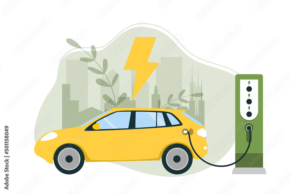 Electric car near charging station. Renewable energy concept. Vector illustration. Electric car near charging station. Renewable energy concept. Vector illustration.