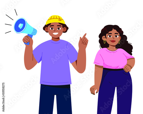 Black lives matter poster with protesting young people act for human rights. Black women and men on demonstration holding placard. No racism concept in cartoon flat style.Young afro american activists