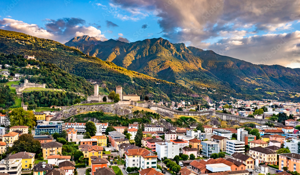 View of Bellinzona with the three castles. UNESCO world heritage in Ticino, Switzerland