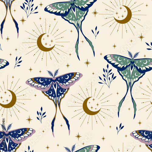 Retro celestial seamless pattern with herbs. Boho magic background with space elements stars, butterflies. Vector doodle texture.