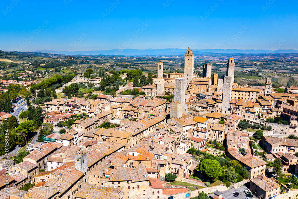 Aerial view of San Gimignano, UNESCO world heritage in Tuscany, Italy