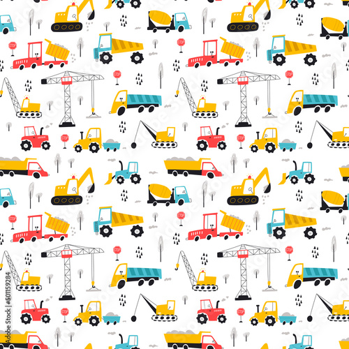 Seamless pattern with building equipment. Kids print. Vector hand drawn illustration.