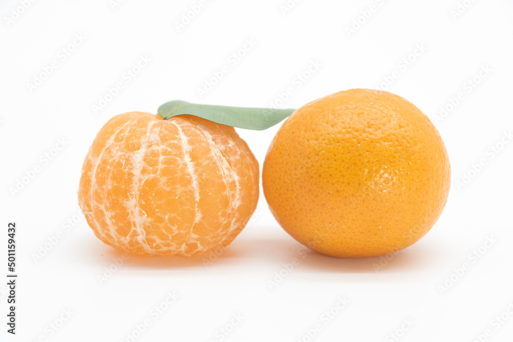 selective focus Tangerine or kamala with leaf over on white background, selective focus Tangerine or kamala with leaf over on white background,