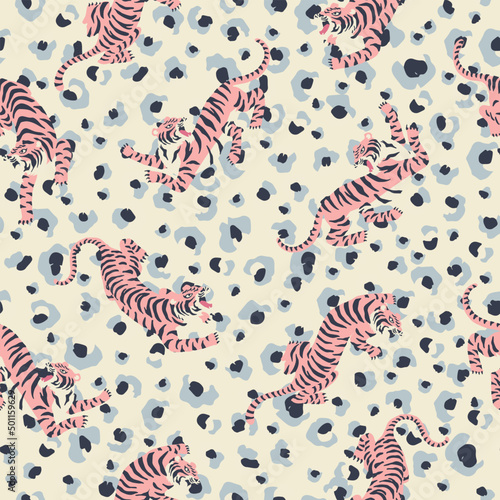 Vector tiger illustration with leopard background seamless repeat pattern fashion and home decor print digital artwork